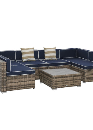 7-Piece Outdoor Wicker Patio Sofa Set, Modern Rattan Conversation Furniture Set with Cushions, Pillows and Tea Table - Blue