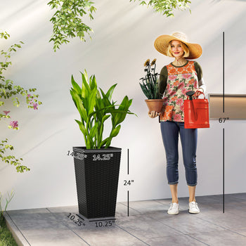 Tall Planters for Outdoor Plants Set of 3, 24 In Taper Planters with Drainage Holes, Rattan Decor Plant Pots for Indoor Outdoor Front Porch Patio Backyard, Black