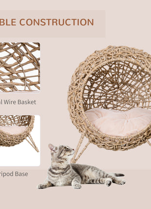 20.5" Weaved Cat Bed, Elevated Hand-woven Braided Banana Leaf Kitten House Condo with Cushion, Beige