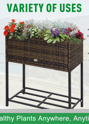 Raised Garden Bed, Elevated Planter Box with Rattan Wicker Look, Tool Storage Shelf, Portable Design for Herbs, Vegetables, Flowers, Brown