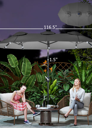 Double-sided Patio Umbrella, 9.7' Outdoor Umbrella with Tilt and Crank, LED Solar Light and 12 Ribs, Gray