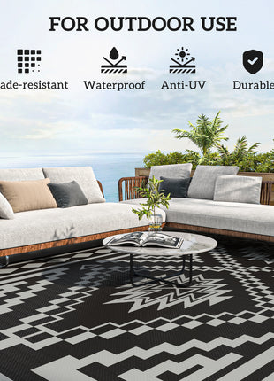 Reversible Outdoor Rug, Waterproof Plastic Straw with Carry Bag, 9' x 18', Black & Gray Square Patchwork