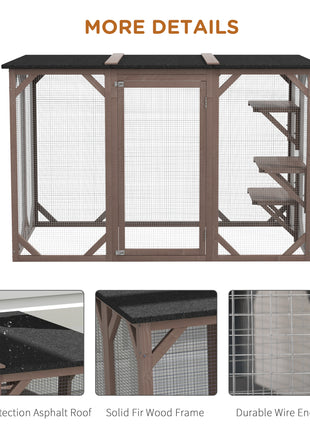 Outdoor Cat House, Catio Wooden Feral Cat Shelter, Cat Cage with Platforms, Large Enter Door, Weather Protection Asphalt Roof, 71" L, Brown