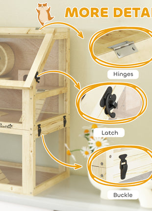 3 Tier Wooden Hamster Cage w/ Detachable Bottom, Hut, Seesaw, Exercise Wheel, Ramps, 24" x 16" x 29.5"