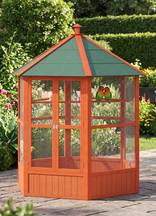 69" Wooden Hexagonal Outdoor Aviary Flight Bird Cage With Covered Roof, Brown