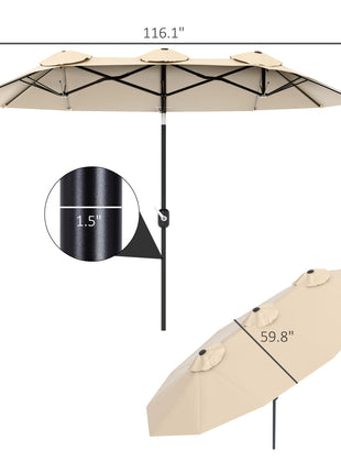 Double Sided Patio Umbrella, 9.7' Large Outdoor Market Umbrella with Push Button Tilt and Crank, 3 Air Vents and 12 Ribs, for Garden, Deck, Pool, Brown