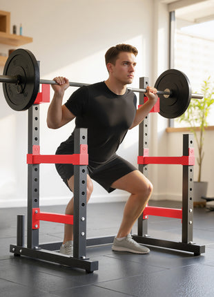 Adjustable Squat Rack, 660lbs Multi-Functional Bench Press Rack for Weight Lifting Home Gym Strength Training, Red