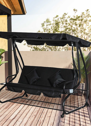 3-Seat Outdoor Patio Swing Chair, Converting Flatbed, Outdoor Swing Glider with Adjustable Canopy, Removable Cushion and Pillows, for Porch, Garden, Poolside, Backyard, Black