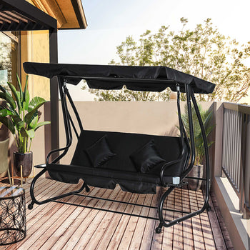 3-Seat Outdoor Patio Swing Chair, Converting Flatbed, Outdoor Swing Glider with Adjustable Canopy, Removable Cushion and Pillows, for Porch, Garden, Poolside, Backyard, Black