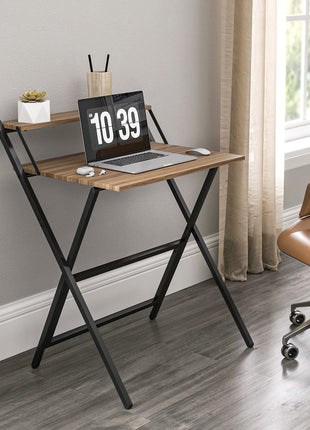 Folding Computer Desk, 27.6" Foldable Desk with Monitor Shelf for Small Space, Home Office, Study, Easy Assembly, Walnut