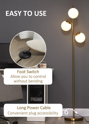 Modern 3-Light Floor Lamp for Living Room, Tree Standing Lamp with Globe Lampshades, 10.75"x10.75"x66.5", Gold