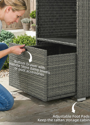 Valet Pool Towel Rack, Water-Resistant PE Plastic Rattan Wicker Storage Organizer, 2 Shelves, 1 Basket Drawer, Dark Gray