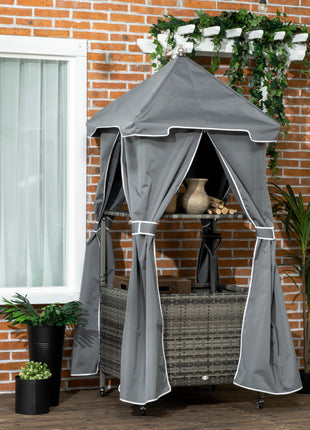 Outdoor Towel Valet Caddy, Covered Poolside Towel Holder Rack, Shelf, Basket, Rolling PE Rattan Wicker Storage on Wheels, Gray