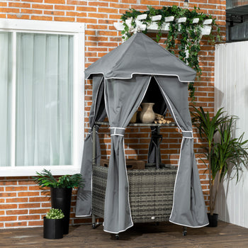 Outdoor Towel Valet Caddy, Covered Poolside Towel Holder Rack, Shelf, Basket, Rolling PE Rattan Wicker Storage on Wheels, Gray