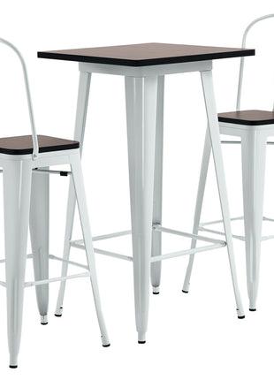 3 Piece Industrial Dining Table Set, Bar Height Bar Table and Chairs Set with Footrests for Bistro, White and Brown