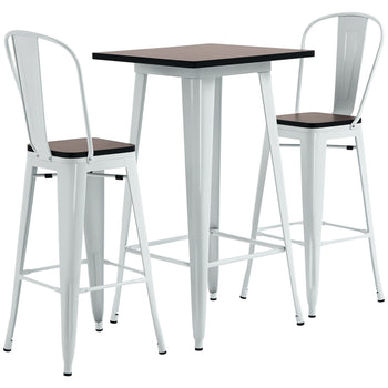 3 Piece Industrial Dining Table Set, Bar Height Bar Table and Chairs Set with Footrests for Bistro, White and Brown