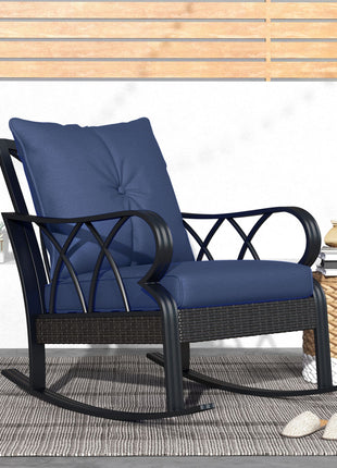 Outdoor Wicker Rocking Chair with Padded Cushions, Aluminum Furniture, Rattan Porch Rocker Chair w/ Armrest, Navy Blue