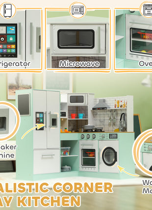 Play Kitchen, Corner Kids Kitchen Playset w/ Chalkboard, Range Hood, Ice Maker, Stove, Microwave, Sound & Lights