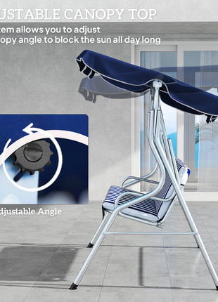 3-Person Porch Swing with Canopy, Patio Swing Chair, Outdoor Canopy Swing Bench with Adjustable Shade, Cushion and Steel Frame, Dark Blue & White Striped