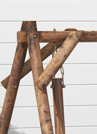 2-Seat Porch Swing with A-Frame Stand, Wooden Log Patio Swing Chair Bench with Wagon Wheel Armrests, Carbonized Brown