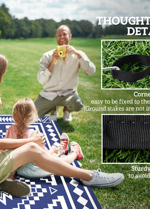 Reversible Outdoor Rug, Waterproof Plastic Straw with Carry Bag, 9' x 18', Blue & White Square Patchwork