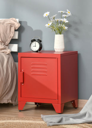 Industrial End Table, Living Room Side Table with Locker-Style Door and Adjustable Shelf, Red