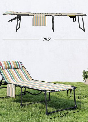 2 Piece Folding Chaise Lounge Pool Chairs with 5-level Reclining Back, Reading Hole, Side Pocket, Rainbow Striped