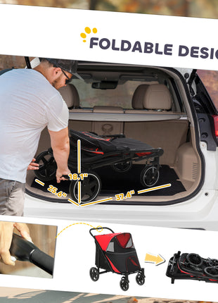 Dog Stroller for Large Medium Small Dogs up to 66 Lbs. 23.5" in Body Length, One-Click Foldable Pet Cat Stroller with Storage, Shock Absorption Wheels, Mesh Window, Safety Leash, Red