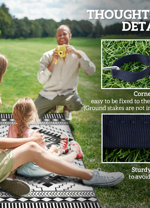 Reversible Outdoor Rug, Waterproof Plastic Straw with Carry Bag, 9' x 12', White & Black Toothed Rhombus
