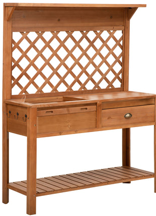 Garden Potting Bench, Outdoor Wooden Workstation Table w/ Metal Screen, Drawer, Hooks, Storage Shelf, and Lattice Back for Patio, Backyard and Porch