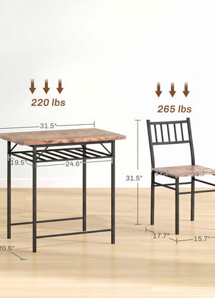 3-Piece Small Dining Table Set for 2, Kitchen Table and Chairs with Storage Rack and Steel Frame, Brown