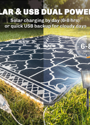 Reversible Outdoor Rug Carpet with LED Lights, 12' x 9' PP Straw Rug with Carry Bag and Ground Stakes
