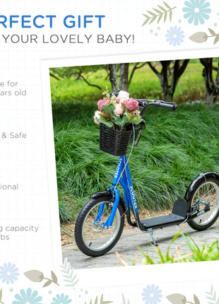Youth Scooter, Kick Scooter with Adjustable Handlebars, Double Brakes, 16" Inflatable Rubber Tires, Basket, Cupholder, Blue