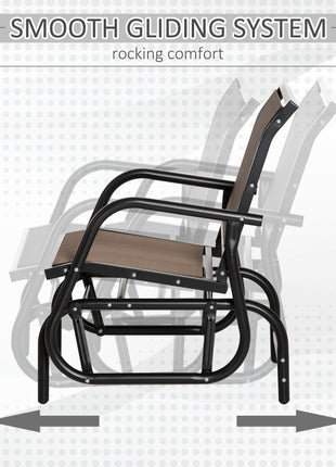 Porch Glider, Metal Frame Swing Glider Chair with Breathable Mesh Fabric, Curved Armrests and Steel Frame for Garden, Poolside, Backyard, Balcony, Brown