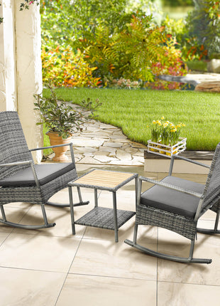3 Piece Outdoor PE Rattan Rocking Chair Set, Patio Wicker Recliner Rocker Chair with Soft Cushion & Nature Wood Top Coffee Table, Gray