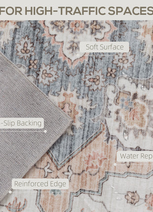 8x10 Area Rug, Vintage Machine Washable Rug, Non-Slip Carpet for Living Room, Bedroom, Dining Room, Brown & Light Blue