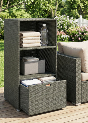 Valet Pool Towel Rack, Water-Resistant PE Plastic Rattan Wicker Storage Organizer, 2 Shelves, 1 Basket Drawer, Dark Gray