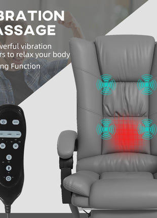 PU Leather Executive Massage Office Chair with 4 Vibration, Computer Desk Chair, Heated Reclining Chair with Adjustable Height, Swivel Wheels, Gray