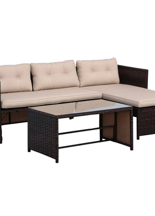 3 Piece Patio Furniture Set, Rattan Outdoor Sofa Set with Chaise Lounge & Loveseat, Soft Cushions, Tempered Glass Table, L-Shaped Sectional Couch, Beige