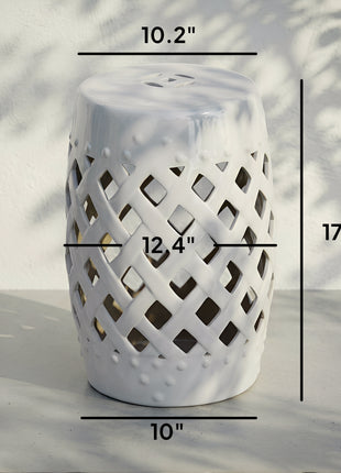 13" x 18" Ceramic Garden Stool with Woven Lattice Design & Glazed Strong Materials Decorative Outdoor Stool, White