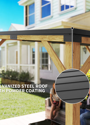 10' x 14' Wooden Gazebo, Hardtop Lean-to Gazebo Pergola with Galvanized Steel Sloped Roof, Bar Shelf, Natural Wood