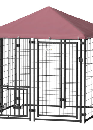 Welded Wire Outdoor Dog Kennel with 360° Rotating & 4 Levels Adjustable Bowls, Waterproof Cover, 4.6' x 4.6' x 5'