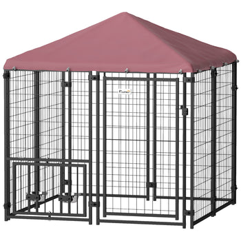 Welded Wire Outdoor Dog Kennel with 360° Rotating & 4 Levels Adjustable Bowls, Waterproof Cover, 4.6' x 4.6' x 5'
