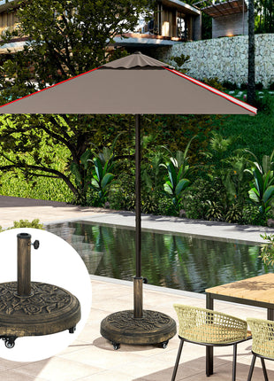 Round Patio Umbrella Base, 46 lbs Resin Umbrella Base with Wheels, Outdoor Umbrella Stand for 1.3"/1.5"/1.9" Umbrella Poles for Outdoor, Lawn, Poolside, Bronze