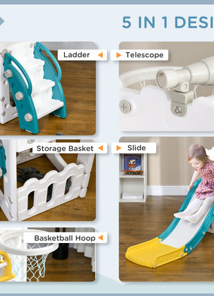 5 in 1 Toddler Slide with Basketball Hoop, Climber, Telescope & Storage Baskets for 1-3 Years Olds, Yellow
