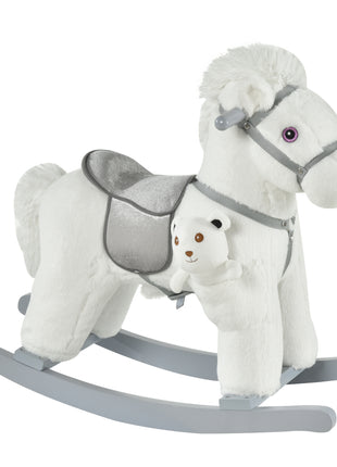 Kids Rocking Horse with Bear Toy, Plush Animal Rocker with Fun Realistic Sounds for Toddler 18-36 Months, White