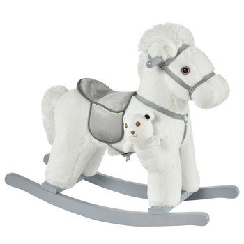 Kids Rocking Horse with Bear Toy, Plush Animal Rocker with Fun Realistic Sounds for Toddler 18-36 Months, White