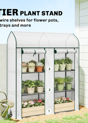 3 Tier Mini Greenhouse, Small Portable Greenhouse with 2 Roll-up Doors, 56.3" x 18.1" x 65", White