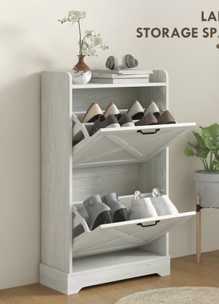 Slim Shoe Storage Cabinet, Farmhouse Shoe Cabinet with 2 Flip Drawers, Adjustable Shelves for 8 Pairs, Distressed White