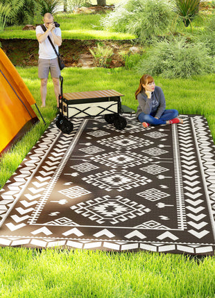 Reversible Outdoor Rug, Waterproof Plastic Straw with Carry Bag, 9' x 18', Black & White Rhombus Patchwork